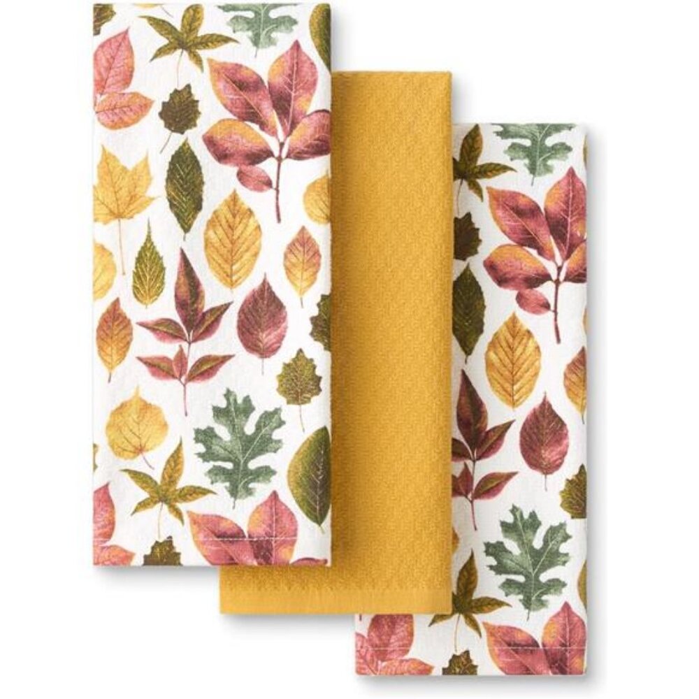Martha Stewart Autumn Harvest Falling Leaves Kitchen Towel‎ 3-Pack Set, 100%